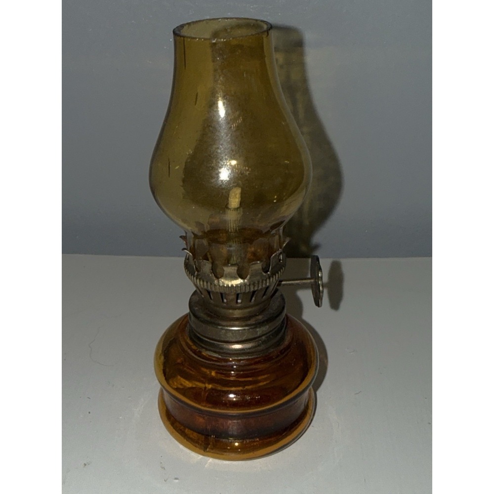 Vintage Mini Amber Glass Oil/Kerosene Hurricane Lamp-Made in Hong Kong